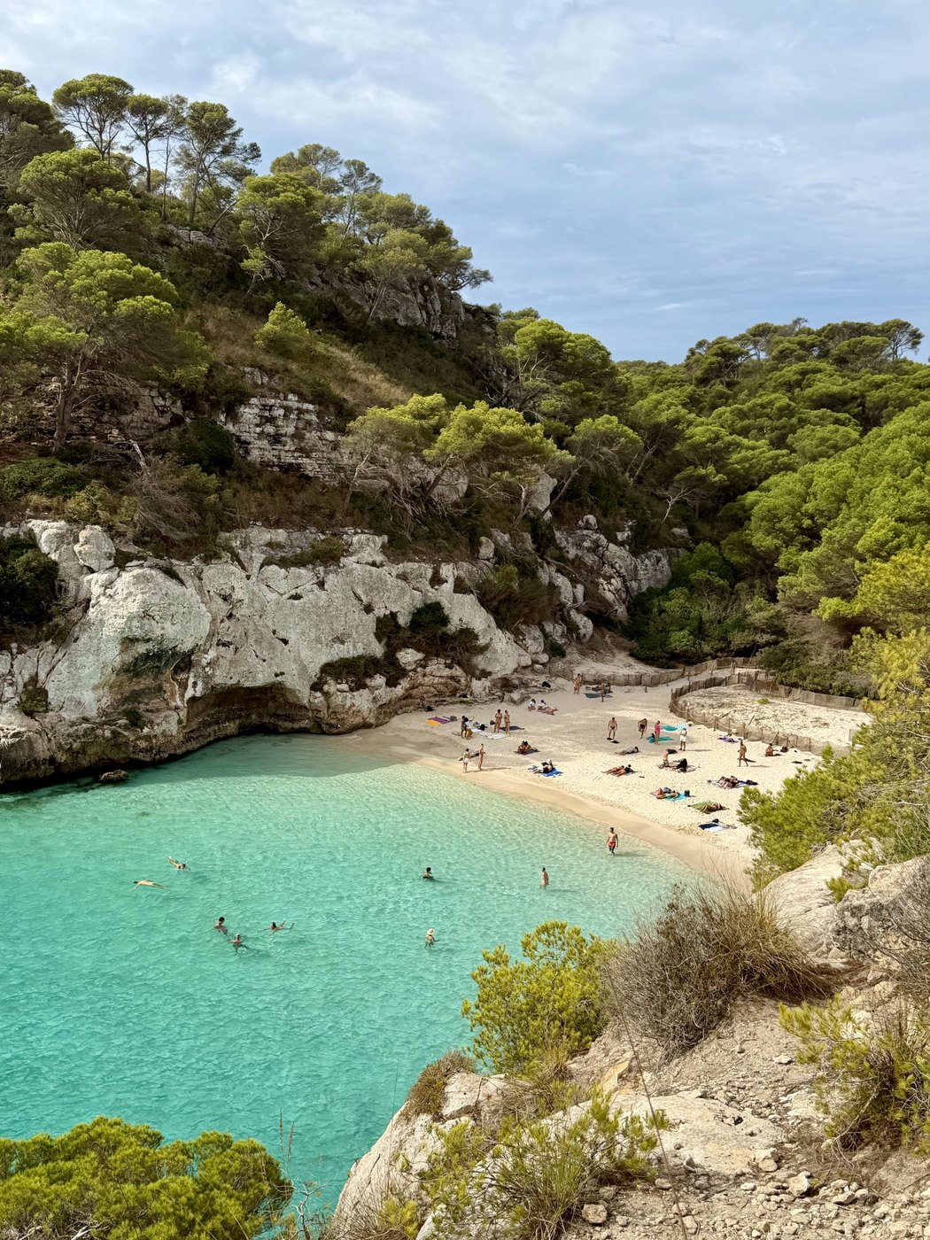 A turquoise cove surrounded by pine trees and white cliffs on Menorca